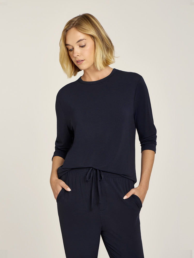 Men wearing Navy Unisex Pajama Long Sleeve Crew Neck