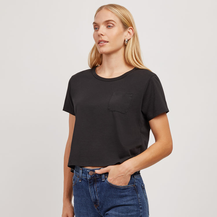 Women wearing Black Cotton Boxy Pocket Crew Neck Tee