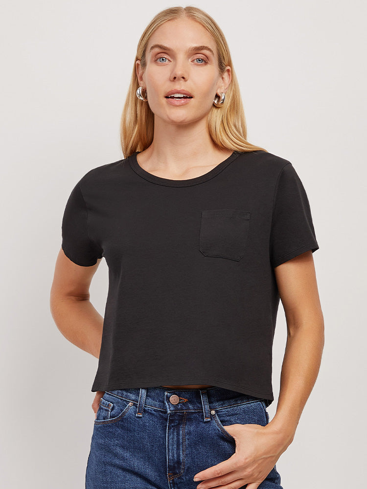 Women wearing Black Cotton Boxy Pocket Crew Neck Tee