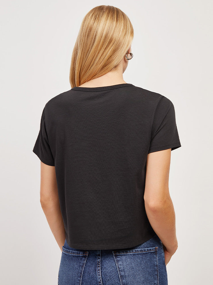 Women wearing Black Cotton Boxy Pocket Crew Neck Tee