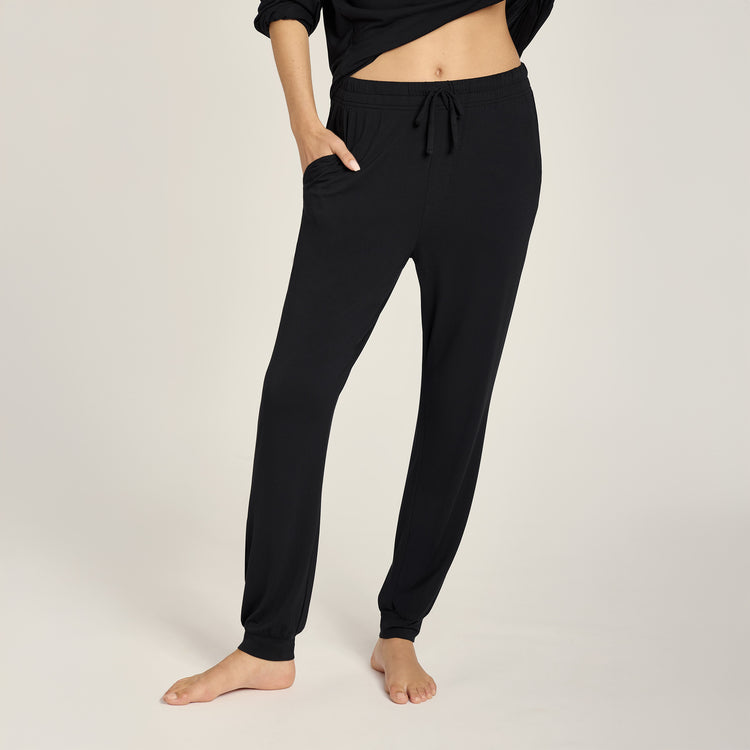 Women wearing Black Pajama Pants