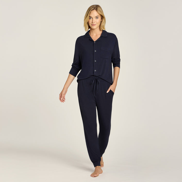 Women wearing Navy Pajama Pants
