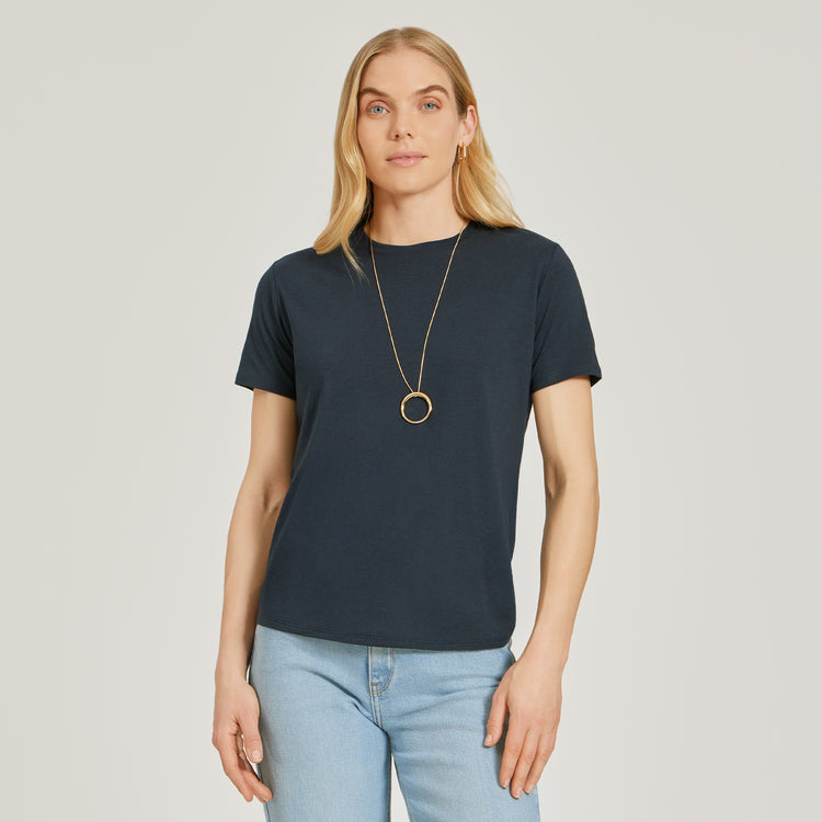 Women wearing Navy Relaxed Crew Marcy Tee