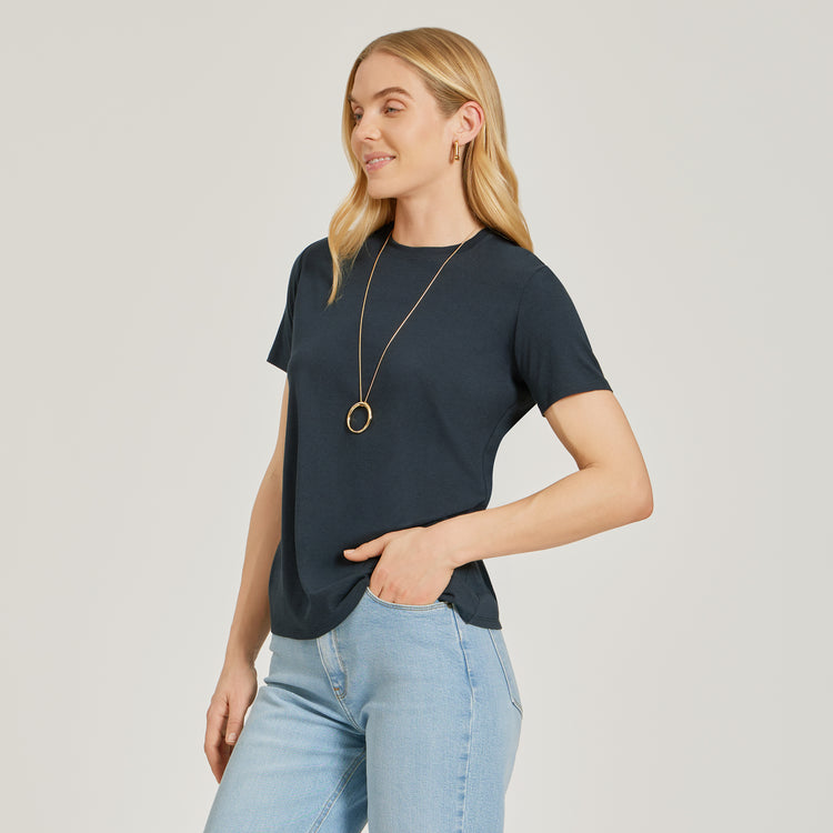 Women wearing Navy Relaxed Crew Marcy Tee