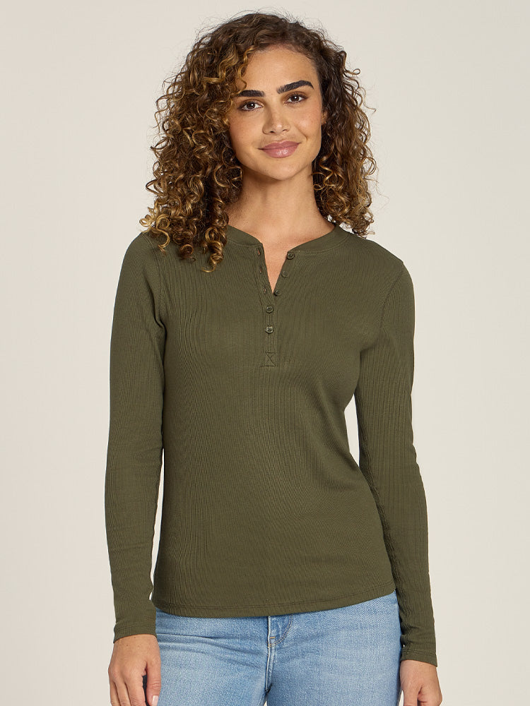 Women wearing Dark Olive Long Sleeve Rib Henley Tee