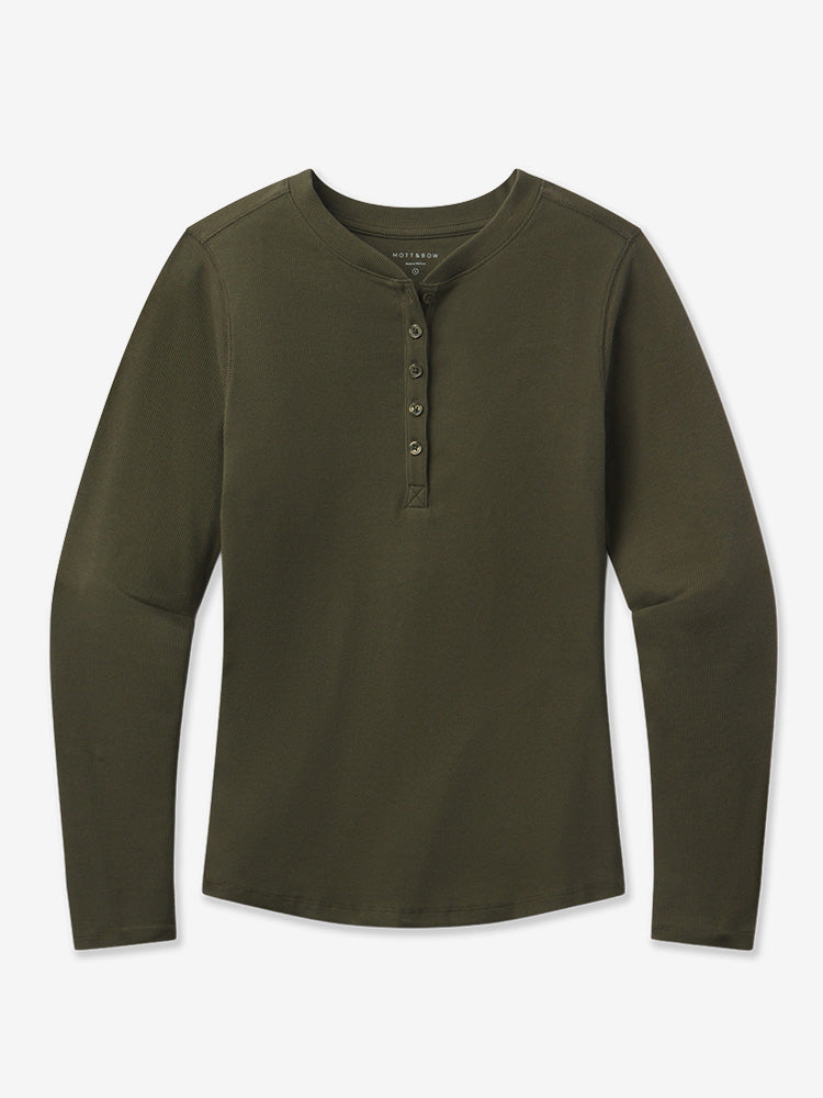 Women wearing Dark Olive Long Sleeve Rib Henley Tee