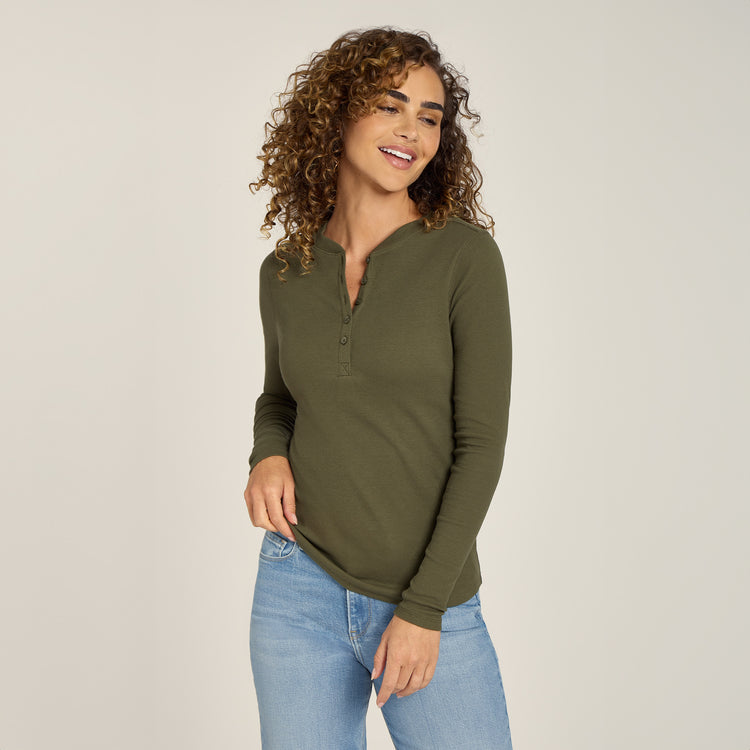 Women wearing Dark Olive Long Sleeve Rib Henley Tee