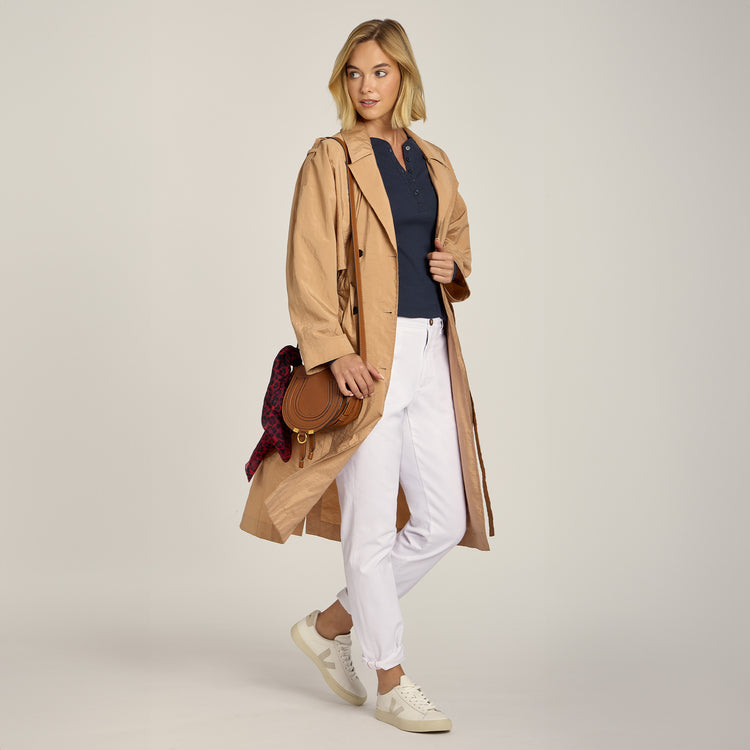 Women wearing Navy Long Sleeve Rib Henley Tee