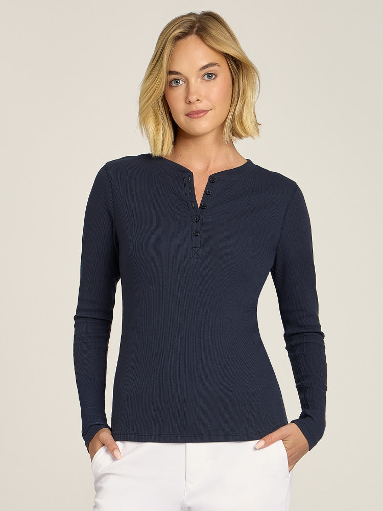 Women wearing Navy Long Sleeve Rib Henley Tee