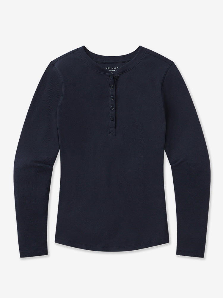 Women wearing Navy Long Sleeve Rib Henley Tee