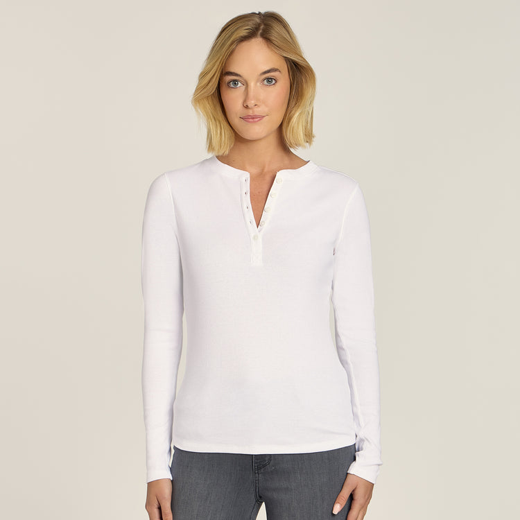 Women wearing White Long Sleeve Rib Henley Tee