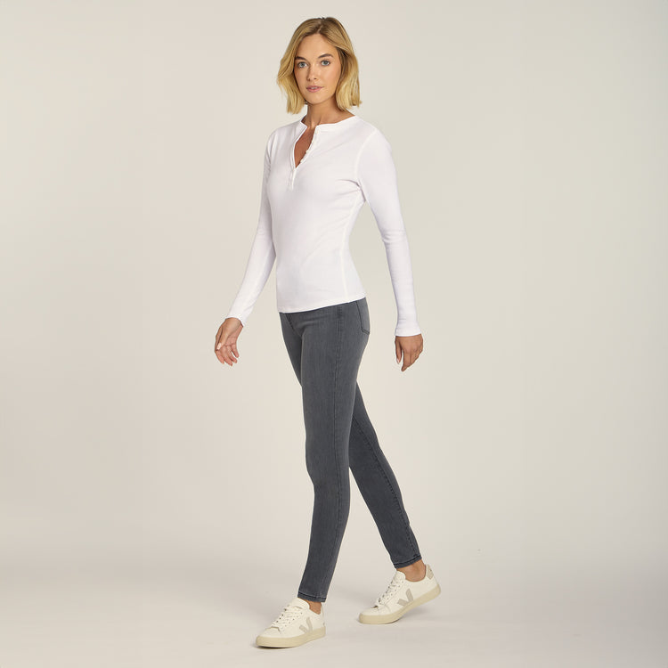 Women wearing White Long Sleeve Rib Henley Tee