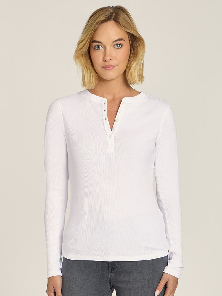 Women wearing White Long Sleeve Rib Henley Tee