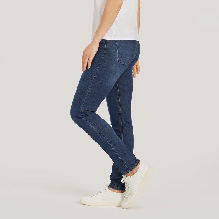 Women wearing Medium/Dark Blue Mid Rise Slim Straight Ridge Jeans