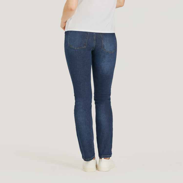 Women wearing Medium/Dark Blue Mid Rise Slim Straight Ridge Jeans