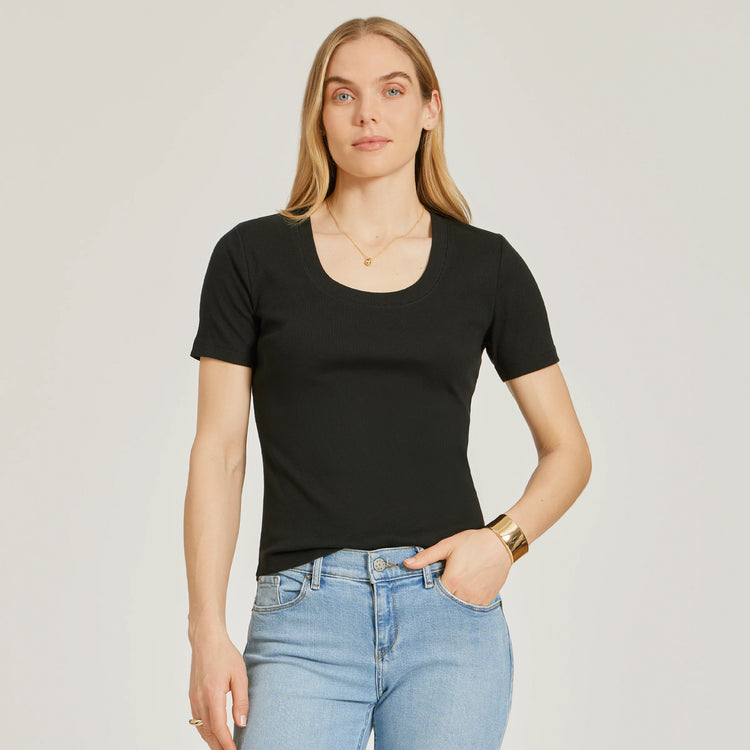 Women wearing Black Rib Scoop Neck Tee