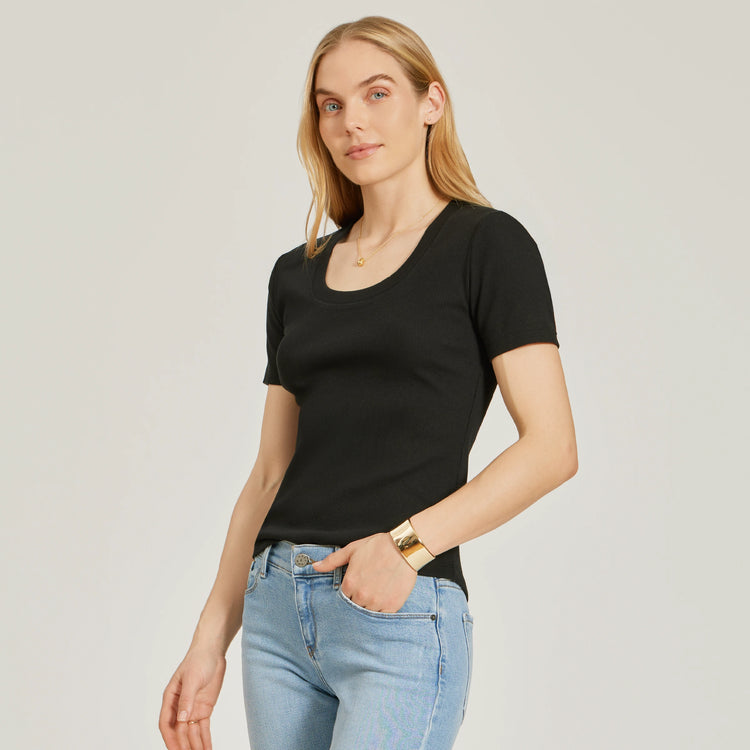 Women wearing Black Rib Scoop Neck Tee
