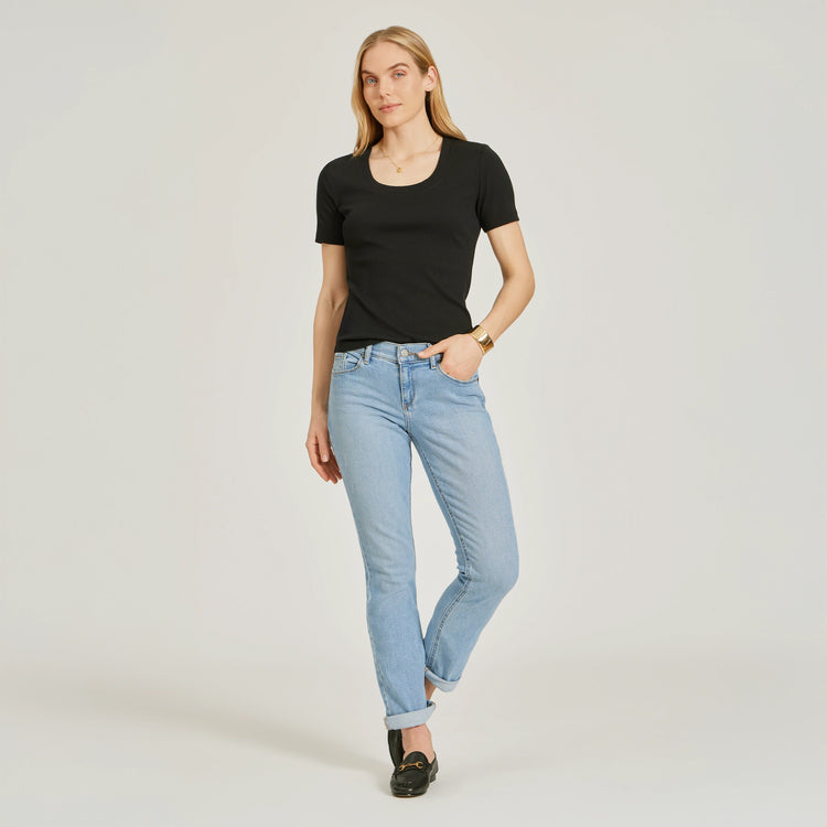 Women wearing Black Rib Scoop Neck Tee