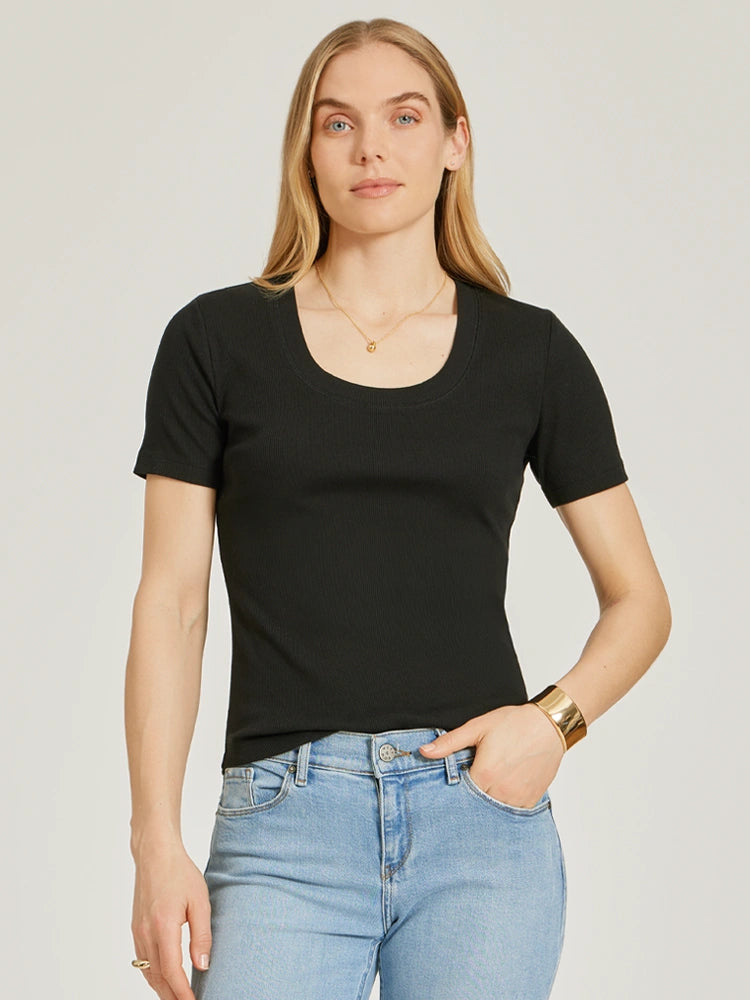 Women wearing Black Rib Scoop Neck Tee