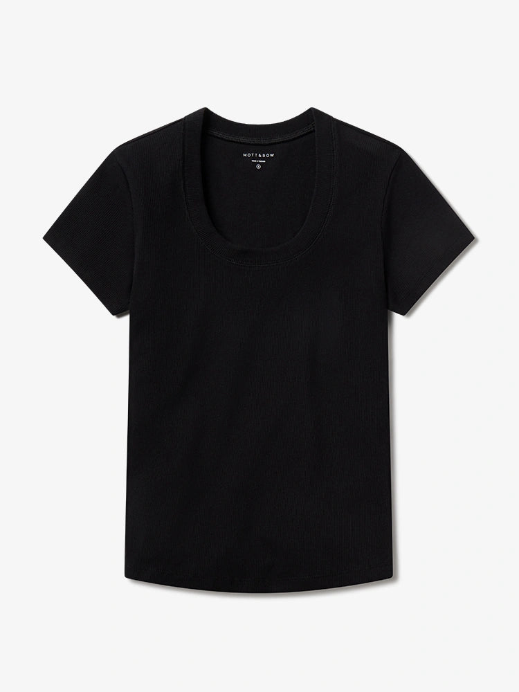 Women wearing Black Rib Scoop Neck Tee
