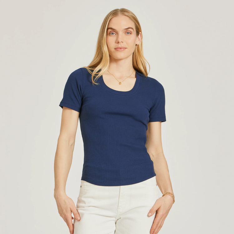Women wearing Navy Rib Scoop Neck Tee