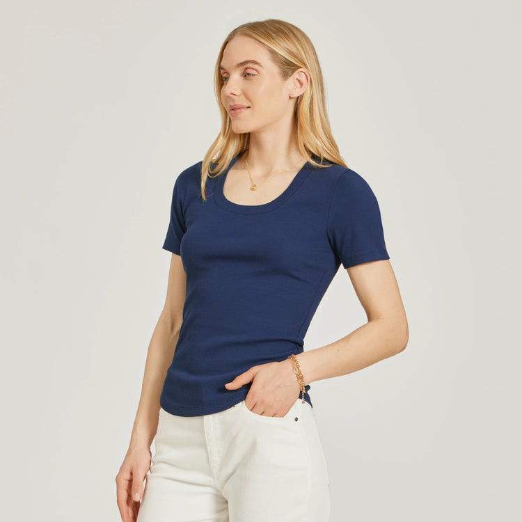 Women wearing Navy Rib Scoop Neck Tee