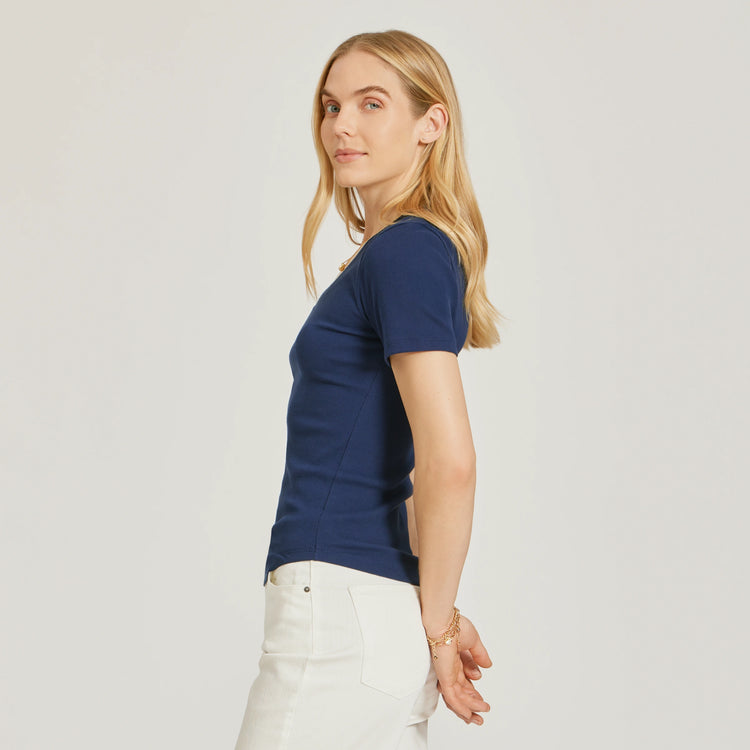 Women wearing Navy Rib Scoop Neck Tee