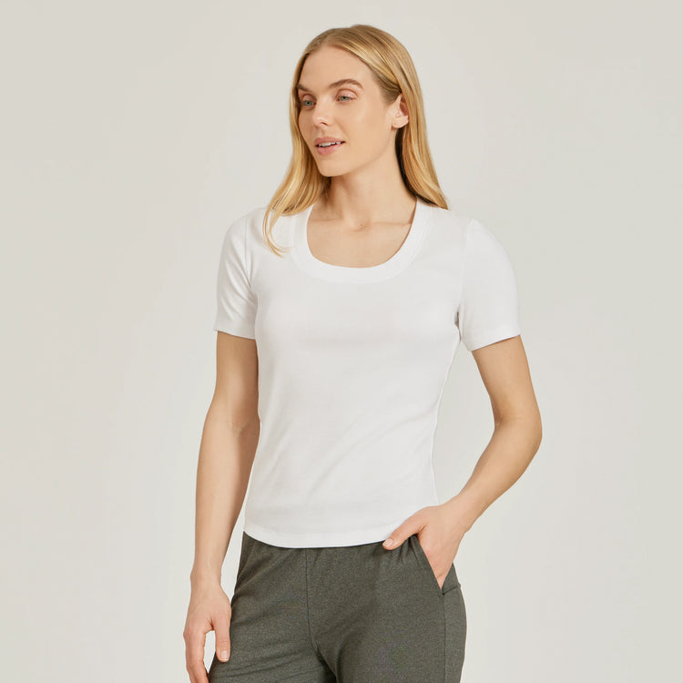 Women wearing White Rib Scoop Neck Tee