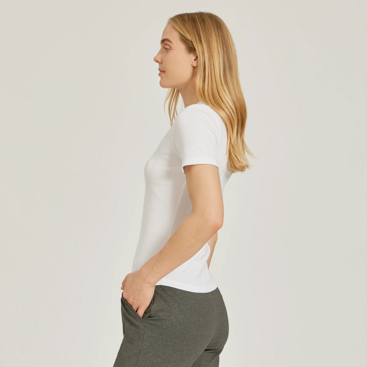 Women wearing White Rib Scoop Neck Tee