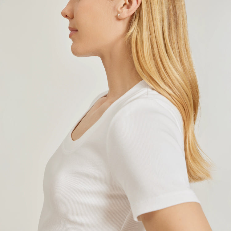 Women wearing White Rib Scoop Neck Tee