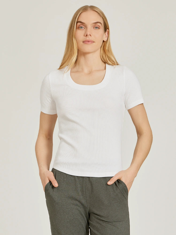 Women wearing White Rib Scoop Neck Tee