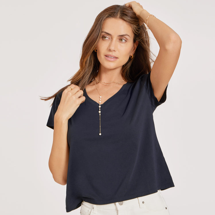 Women wearing Navy Cotton Relaxed V-Neck Tee