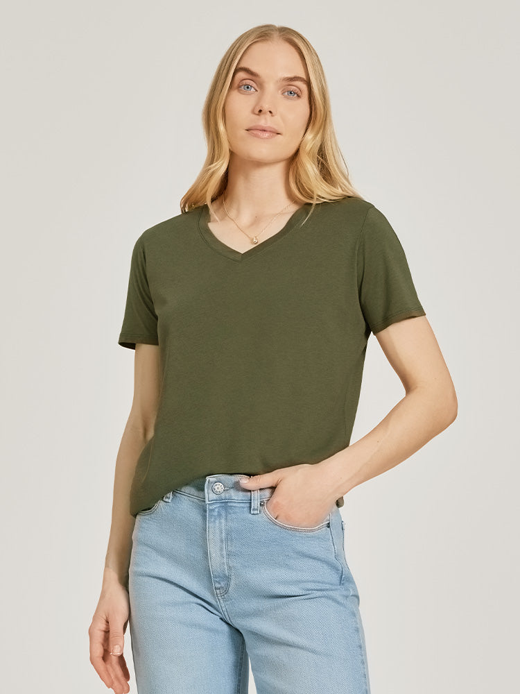 Women wearing White Relaxed V-Neck Marcy Tee