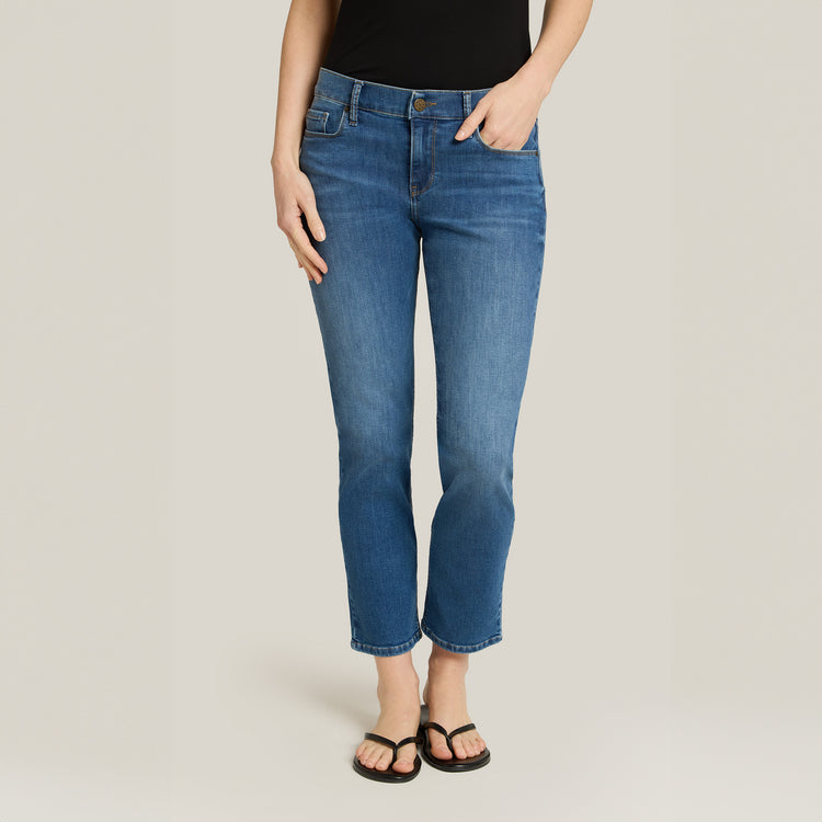 Women wearing Medium Blue Mid Rise Slim Straight Logan Jeans