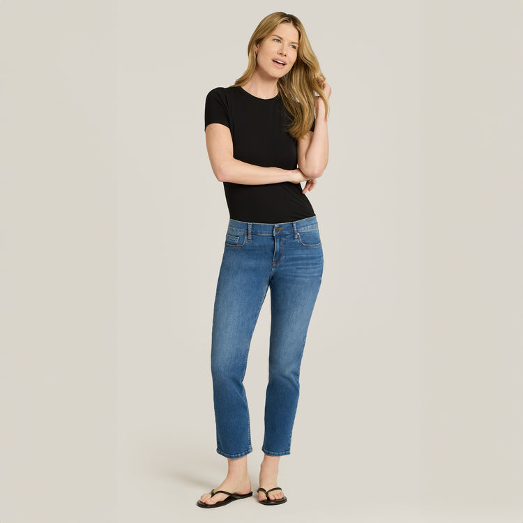 Women wearing Medium Blue Mid Rise Slim Straight Logan Jeans