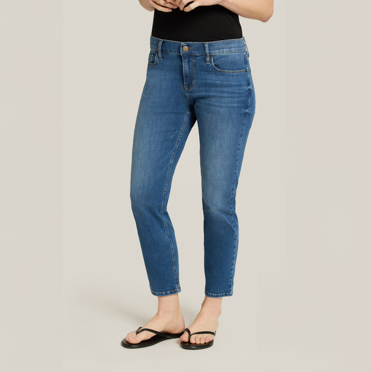 Women wearing Medium Blue Mid Rise Slim Straight Logan Jeans