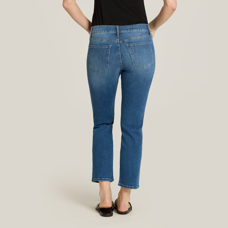 Women wearing Medium Blue Mid Rise Slim Straight Logan Jeans