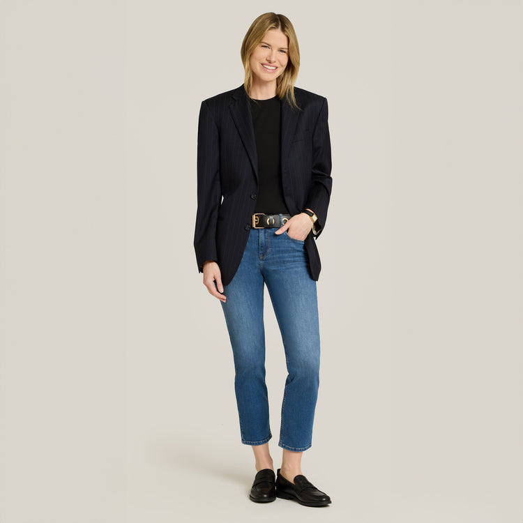 Women wearing Medium Blue Mid Rise Slim Straight Logan Jeans