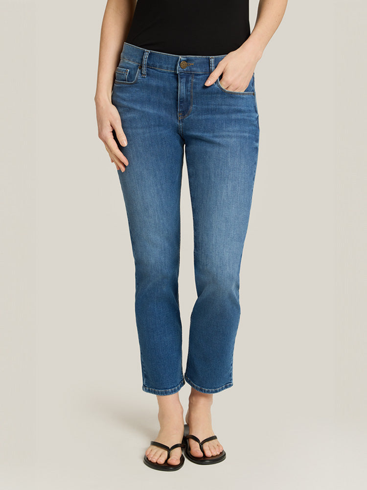 Women wearing Medium Blue Mid Rise Slim Straight Logan Jeans