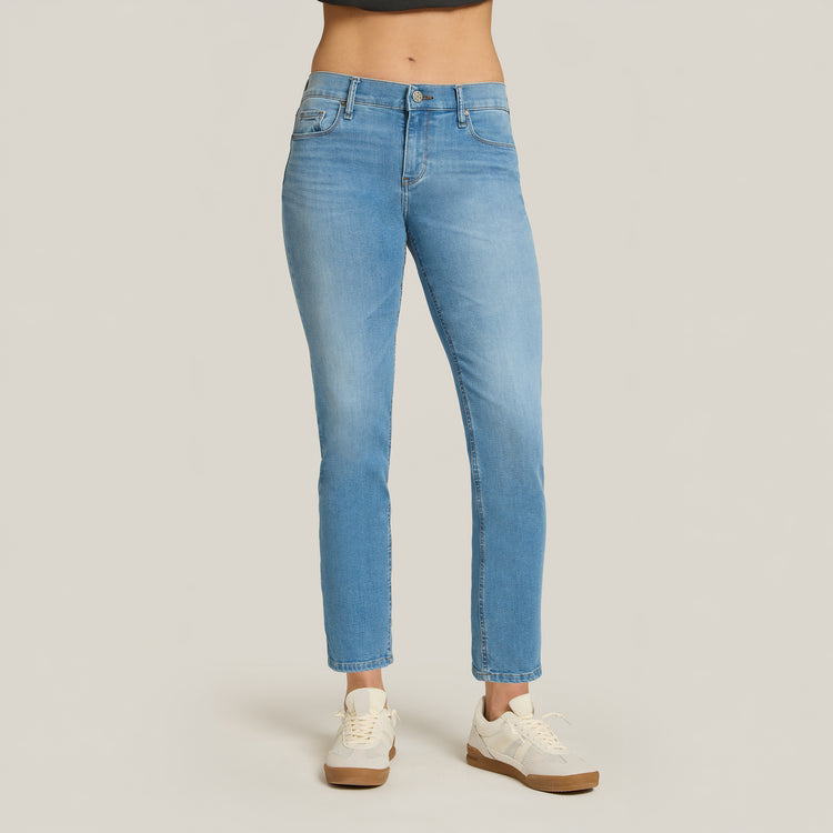 Women wearing Light Blue Mid Rise Slim Straight Logan Jeans