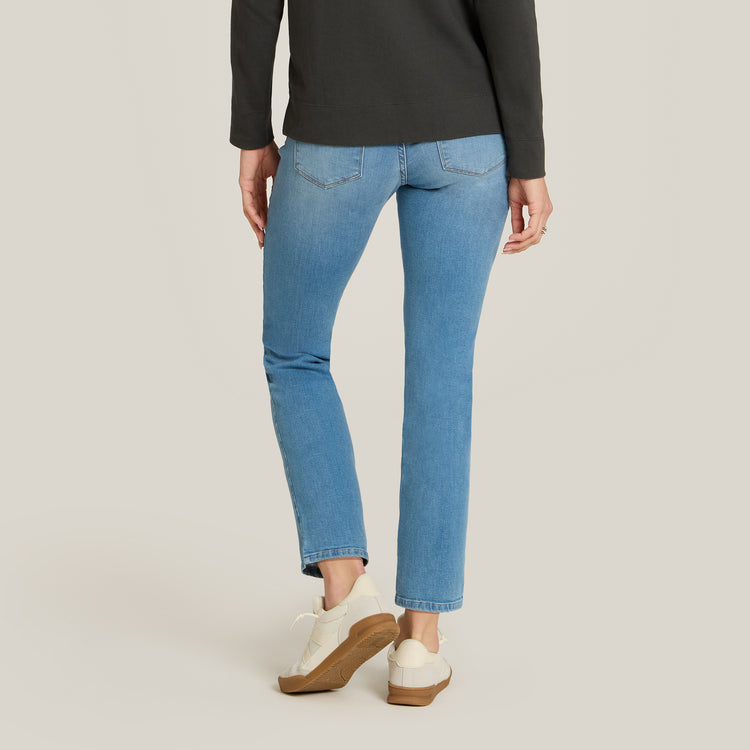 Women wearing Light Blue Mid Rise Slim Straight Logan Jeans