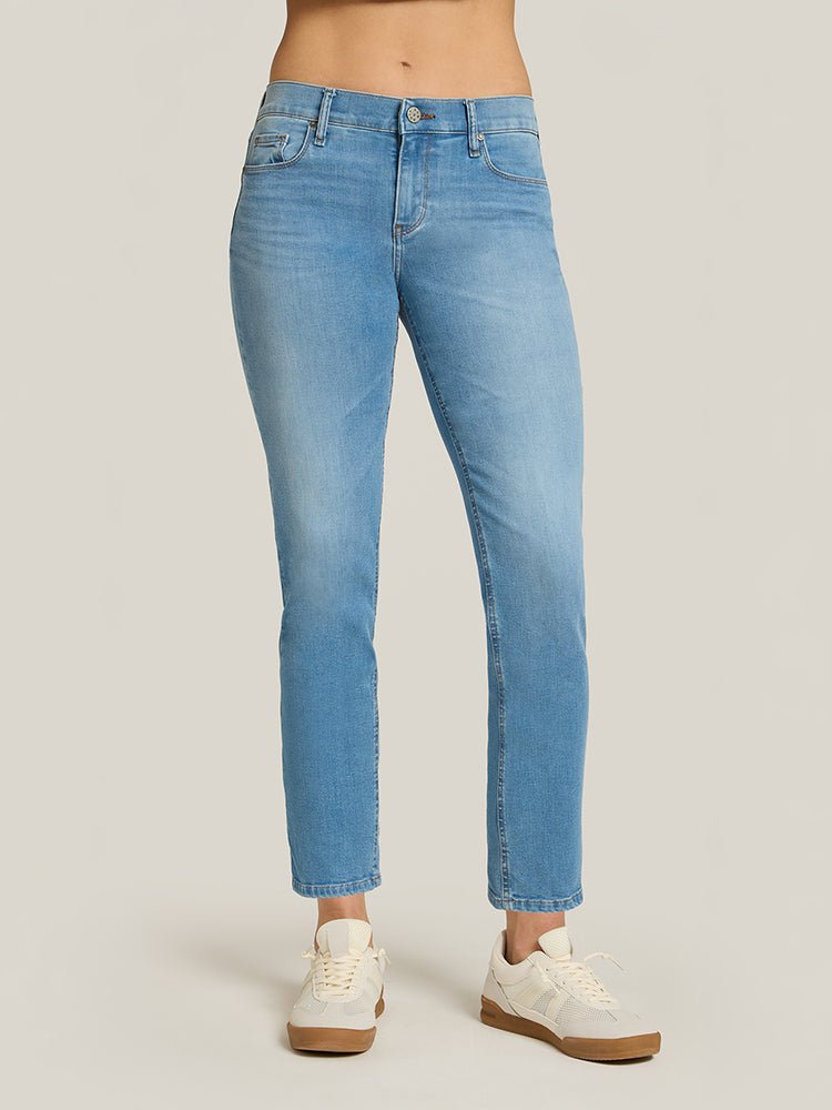 Women wearing Light Blue Mid Rise Slim Straight Logan Jeans