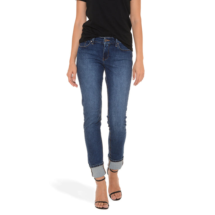 Women wearing Medium/Dark Blue Mid Rise Slim Straight Ridge Jeans