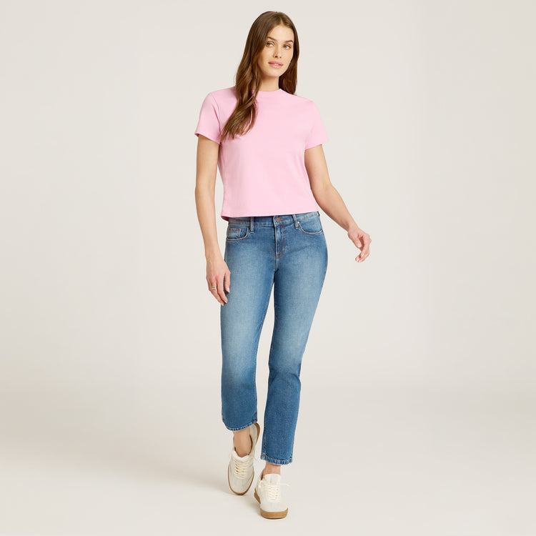 Women wearing Light Blue Mid Rise Slim Straight Ridge Jeans