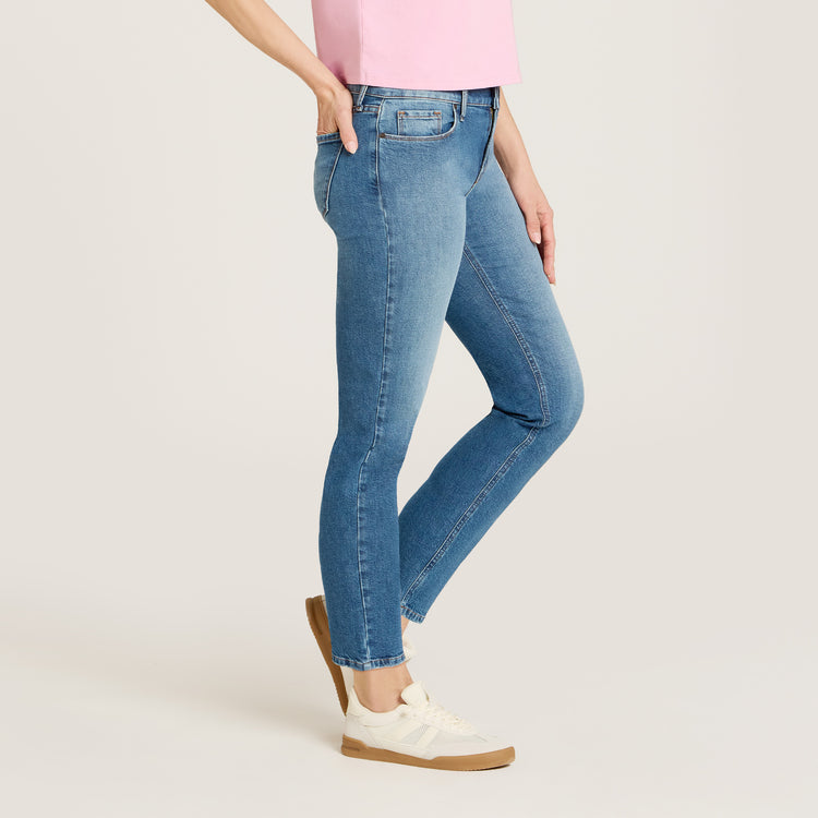 Women wearing Light Blue Mid Rise Slim Straight Ridge Jeans
