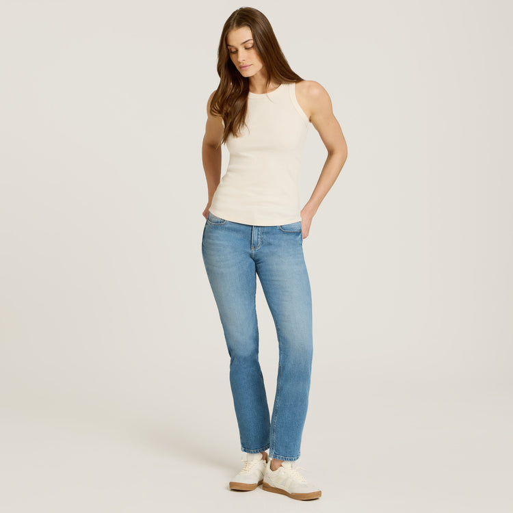 Women wearing Washed Out Blue Mid Rise Slim Straight Ridge Jeans
