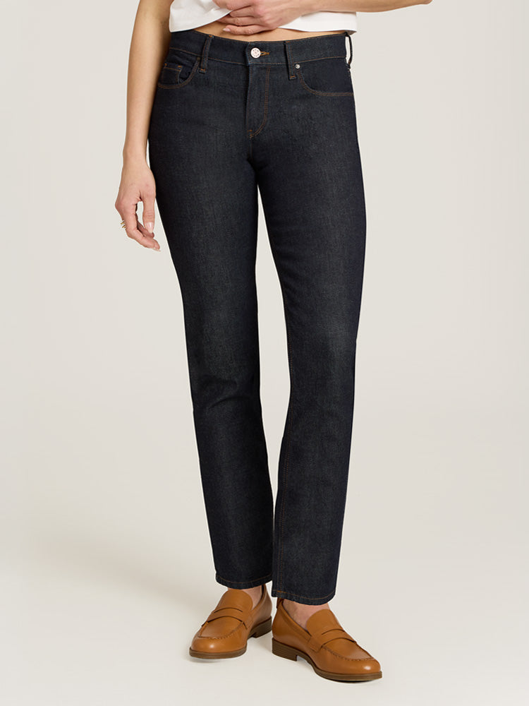 Women wearing Dark Blue Mid Rise Slim Straight Ridge Jeans