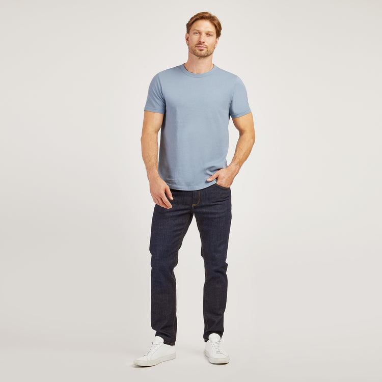 Men wearing California Blue Curved Hem Driggs Tee