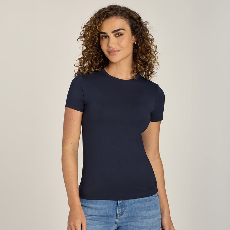 Women wearing Navy Second Skin Crew Tee
