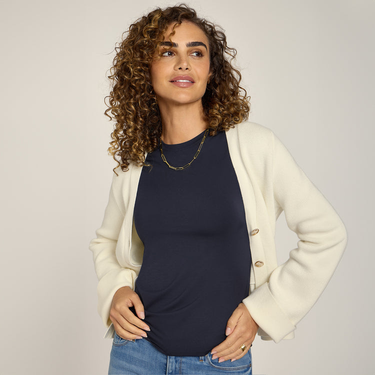 Women wearing Navy Second Skin Crew Tee